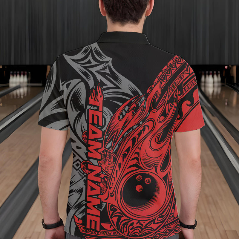 Custom Black And Red Flame Tribal Polynesian Bowling Men Polo Shirts, Bowling Team Uniform IPHW8807