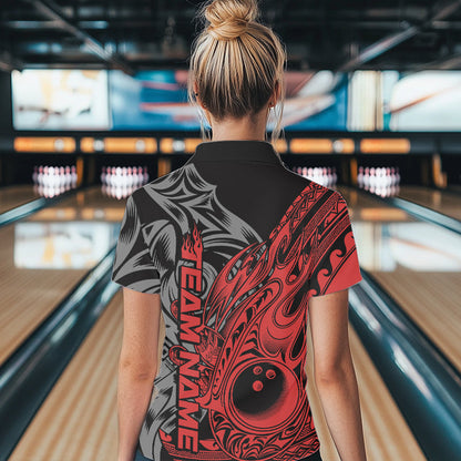Custom Black And Red Flame Tribal Polynesian Bowling Women Polo Shirt, Bowling Team Uniform IPHW8807