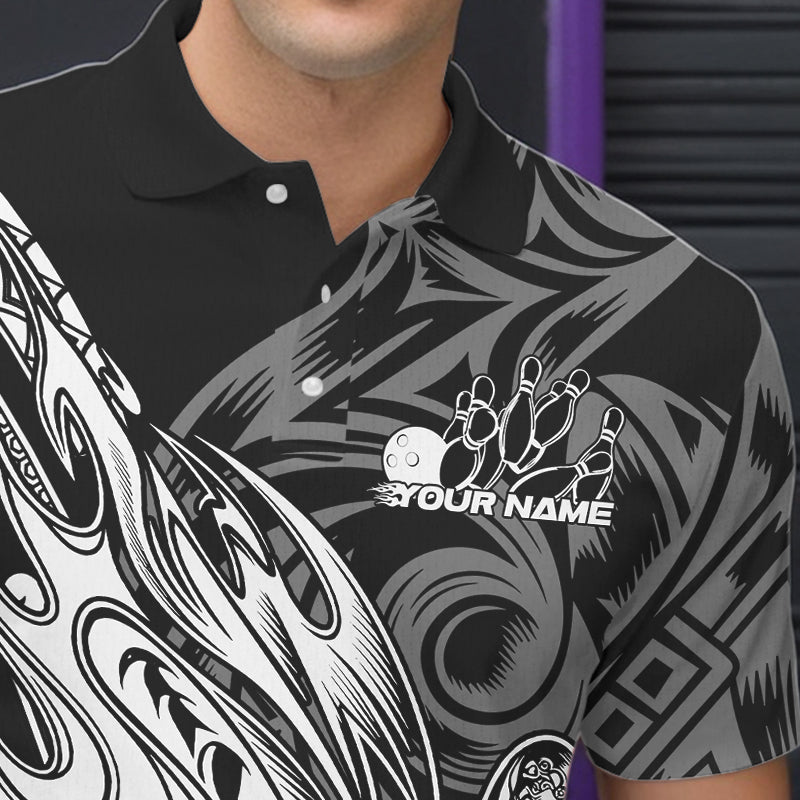 Custom Black And White Flame Tribal Polynesian Bowling Men Polo Shirts, Bowling Team Uniform IPHW8809
