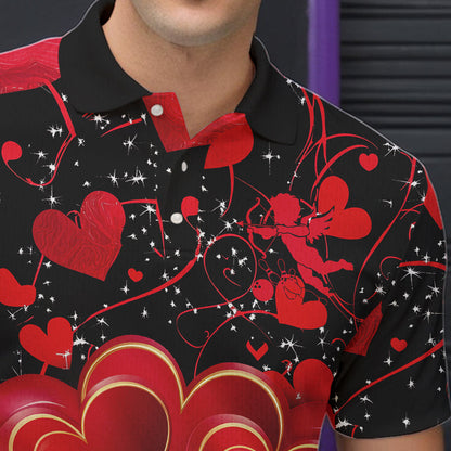 Black And Red Custom Valentines Day Bowling Polo Shirts For Men, Bowling Couple Shirt IPHW8327
