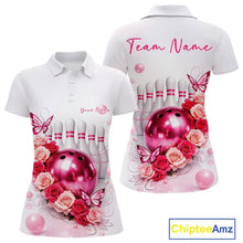 Load image into Gallery viewer, Custom Red And Pink Roses With Butterfly Bowling Polo Shirt For Women, Ladies Outfit IPHW10892