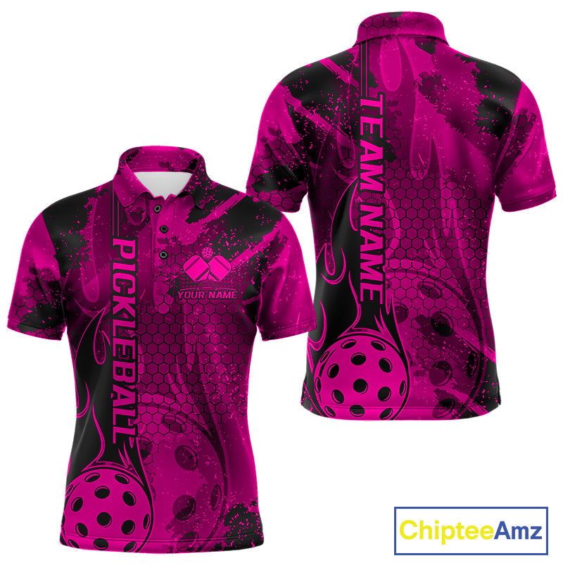 Black And Pink Flame Custom Pickleball Polo Shirts For Men, Team Pickleball Jerseys IPHW9301