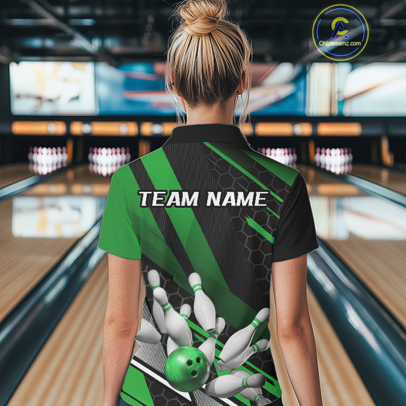 Custom Black And Green Bowling Team Jerseys, Striking Bowling League Polo Shirt For Women IPHW9808