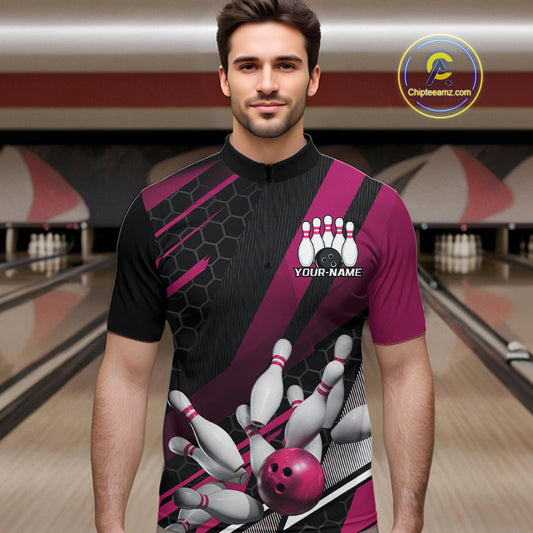 Custom Black And Pink Bowling Team Jerseys, Striking Bowling League Quarter-Zip Shirt For Men IPHW9810