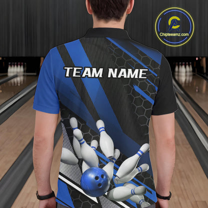 Custom Black And Blue Bowling Team Jerseys, Striking Bowling League Polo Shirt For Men IPHW9811