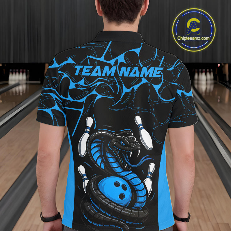 Custom Black And Blue Cobra Snake Bowling Jerseys, Bowling Team Men Polo Shirts IPHW9814