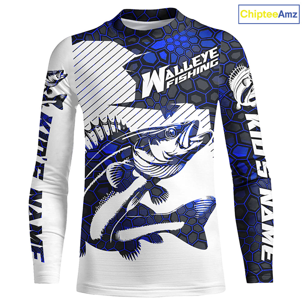 Custom Walleye Fishing Jerseys, Walleye Fishing Long Sleeve Fishing Tournament Shirts | Blue Camo IPHW5731