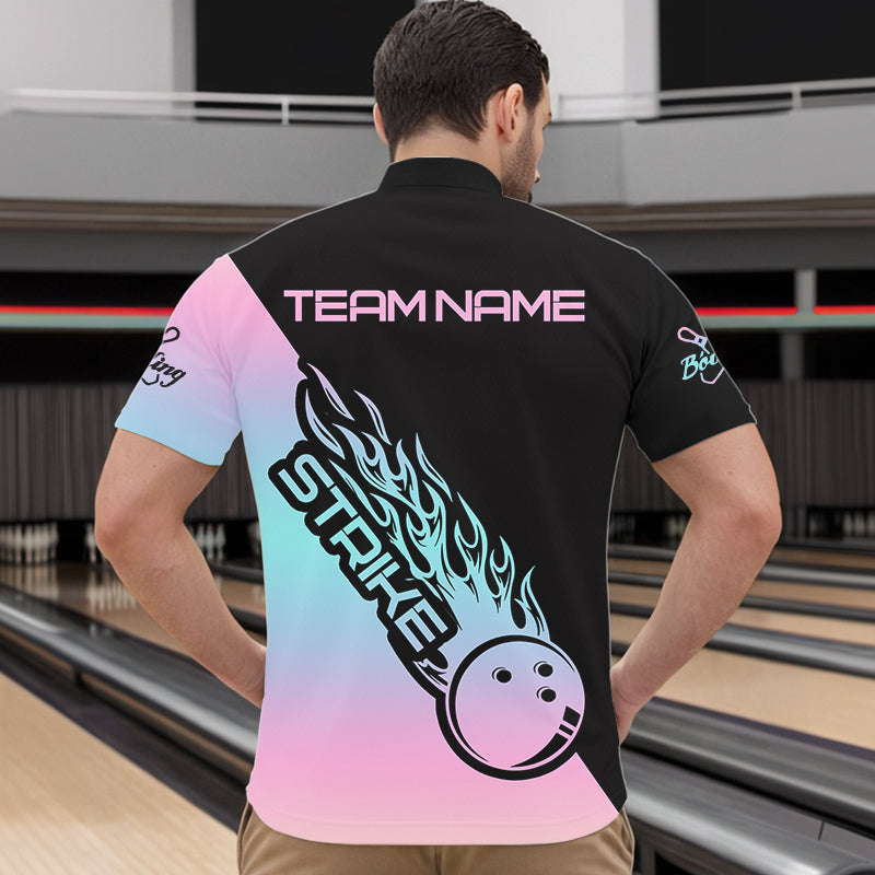 Blue And Pink Custom Strike Bowling Quarter-Zip Shirts For Men, Bowling Team Shirt Bowler Outfit IPHW8823