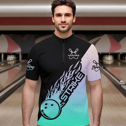 Green And Purple Custom Strike Bowling Quarter-Zip Shirts For Men, Bowling Team Shirt Bowler Outfit IPHW8824