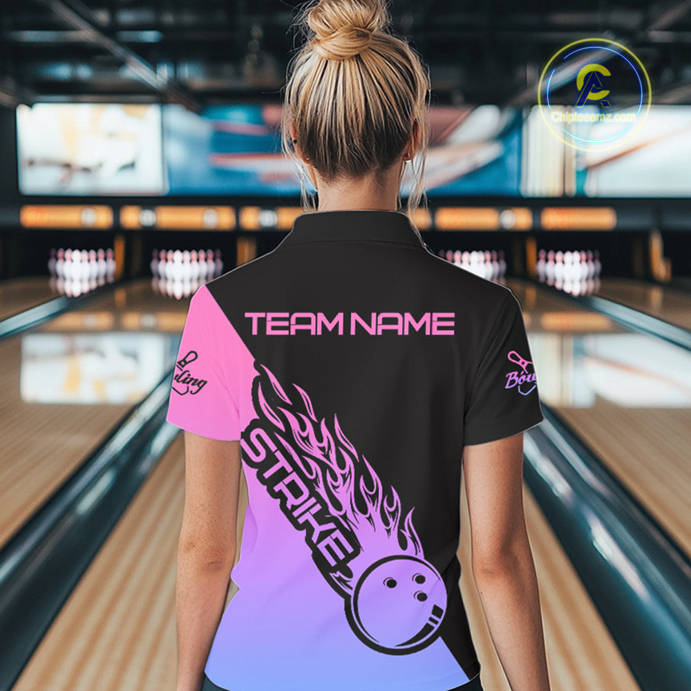 Blue, Purple And Pink Custom Strike Bowling Women Polo Shirts, Bowling Team Bowler Outfit IPHW8826