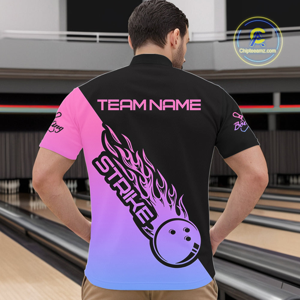 Blue, Purple And Pink Custom Strike Bowling Men Quarter-Zip Shirt, Bowling Team Shirt Bowler Outfit IPHW8826