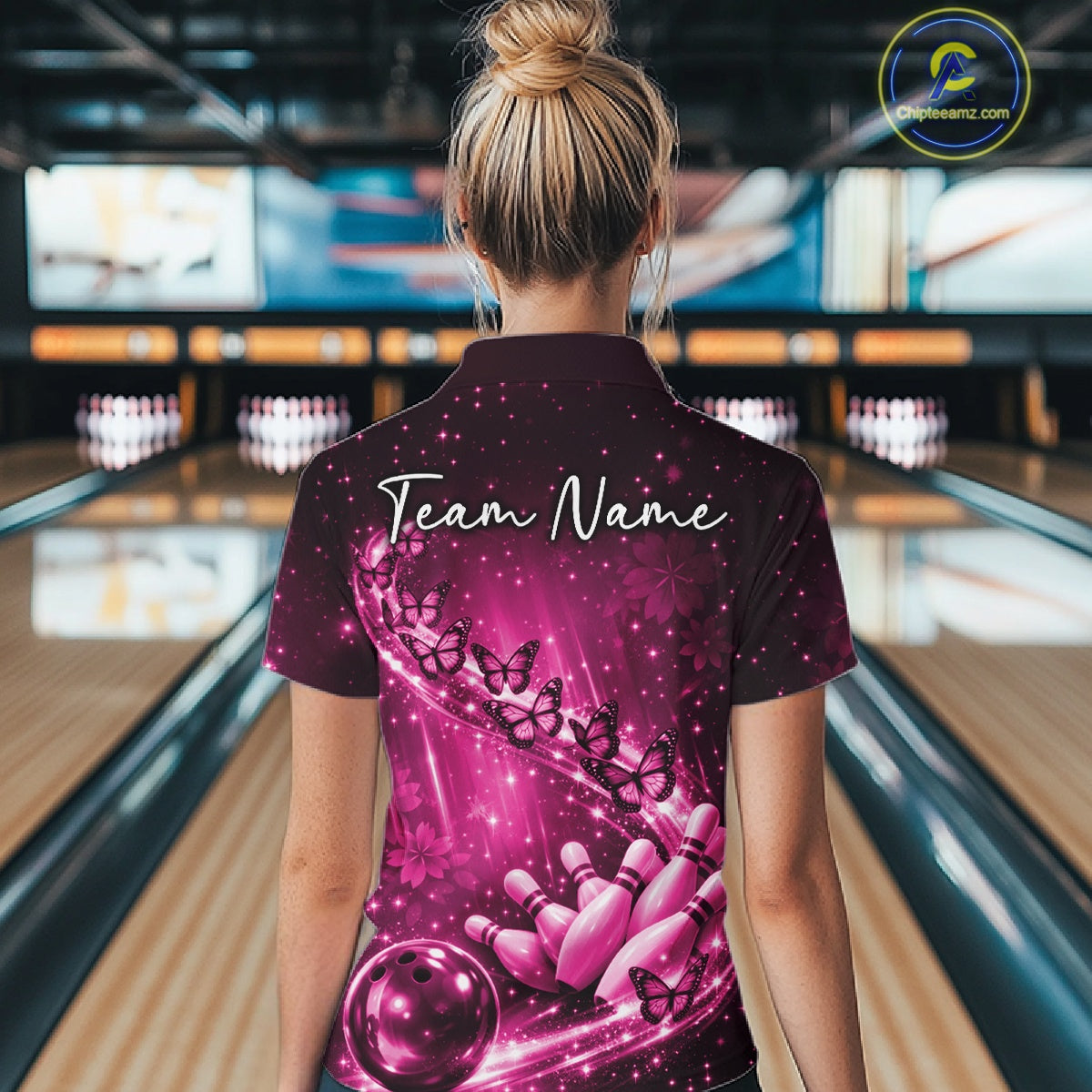 Custom Pink Butterfly Bowling Women Quarter-Zip Team Shirt, Ladies Bowling League Shirt IPHW10901