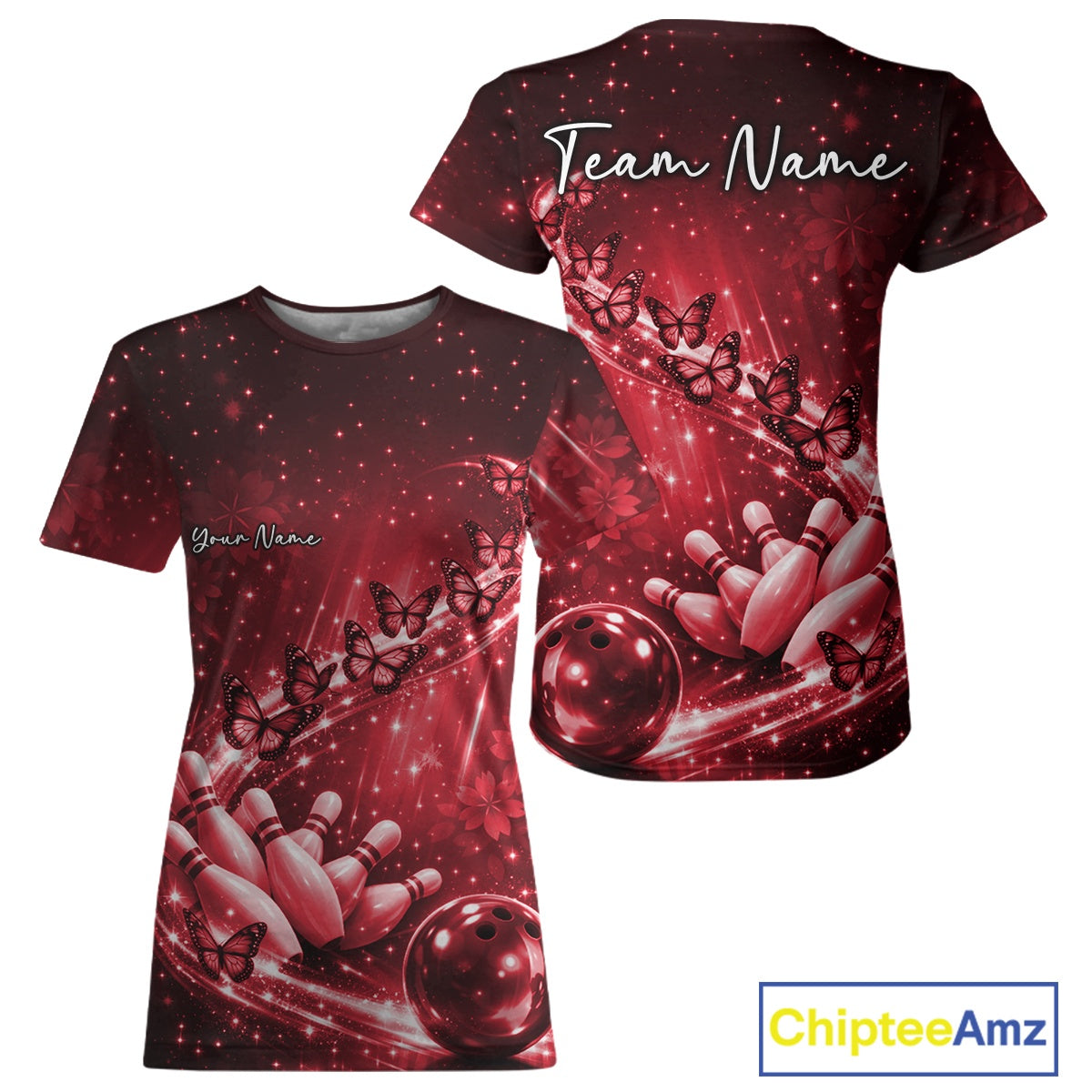 Custom Red Butterfly Bowling Women T-Shirts Team, Ladies Bowling League IPHW10903