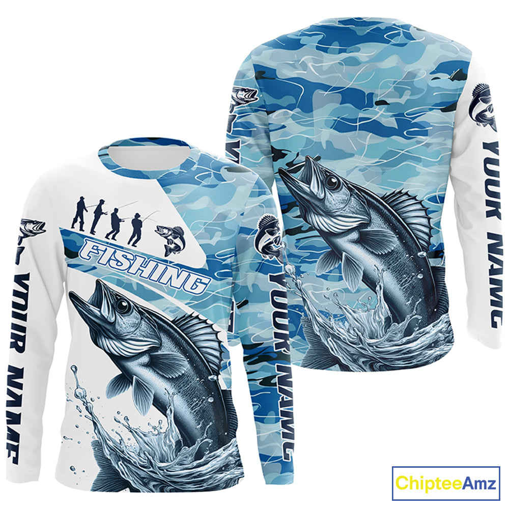Walleye Fishing Custom Long Sleeve Tournament Shirts, Blue Camo Walleye Fishing Jersey For Fisherman IPHW6319