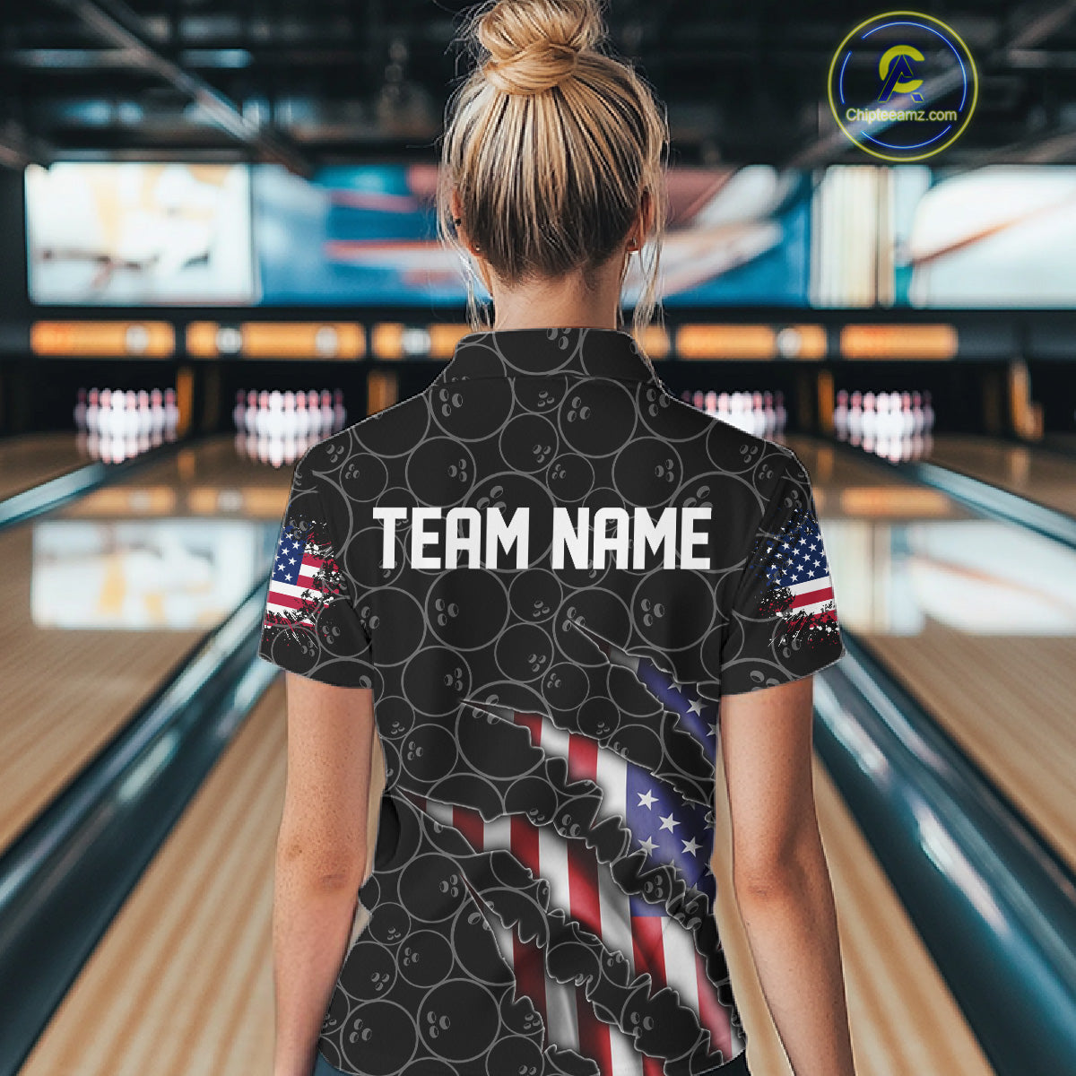 Custom Black Bowling Ball Pattern Shirt, Patriotic US Flag Bowling Polo Shirt For Women IPHW6778