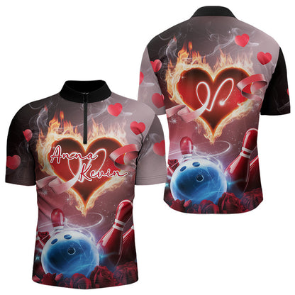 Custom Valentines Day Couple Bowling Quarter-Zip Shirts For Men, Roses And Flame Bowling For Lovers IPHW8340