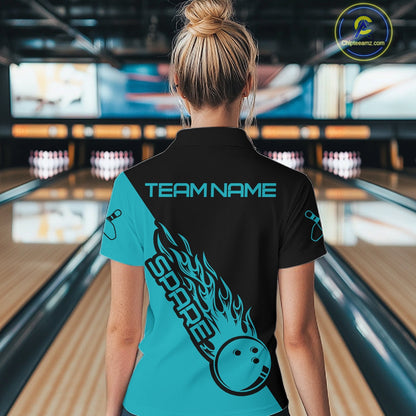 Custom Black And Blue Flame Spare Bowling Women Shirts, Bowling Team League Jerseys IPHW10689