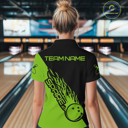 Custom Black And Green Flame Spare Bowling Women Shirts, Bowling Team League Jerseys IPHW10690