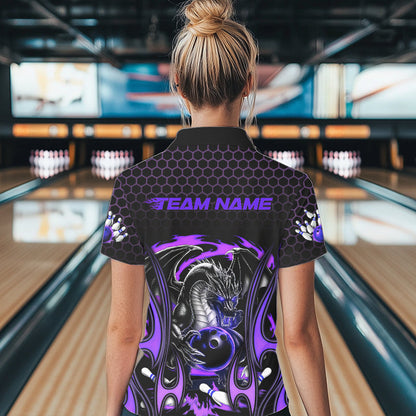 Custom Black And Purple Flame Dragon Bowling Women Polo Shirts, Team Bowling League Shirt IPHW8840