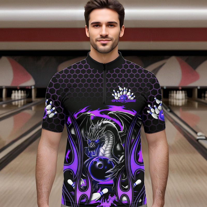 Custom Black And Purple Flame Dragon Bowling Men Quarter-Zip Shirts, Team Bowling League Shirt IPHW8840
