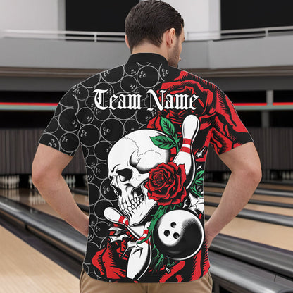 Custom Red Roses And Skull Bowling Quarter-Zip Shirts For Men, Team Bowling League Shirt IPHW8842