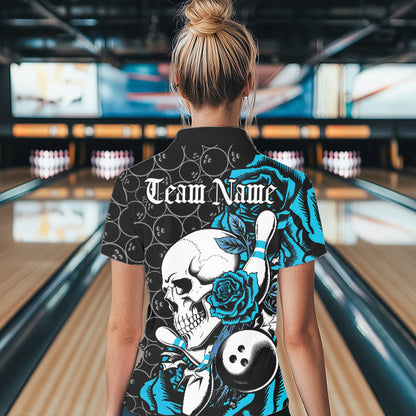 Custom Blue Roses And Skull Bowling Polo Shirts For Women, Team Bowling League Shirt IPHW8844