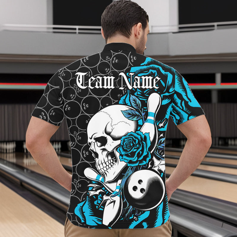 Custom Blue Roses And Skull Bowling Quarter-Zip Shirts For Men, Team Bowling League Shirt IPHW8844