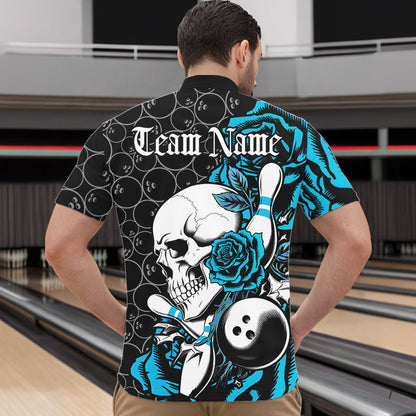 Custom Blue Roses And Skull Bowling Quarter-Zip Shirts For Men, Team Bowling League Shirt IPHW8844