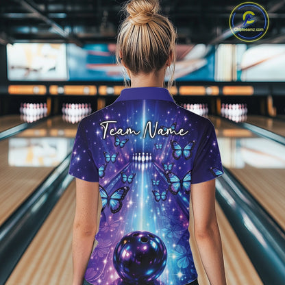 Custom Blue And Purple Galaxy Bowling Lane Butterfly Bowling Women Quarter-Zip Shirt IPHW10913