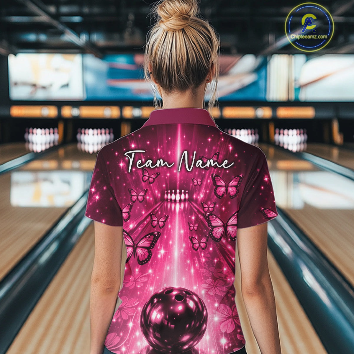 Custom Pink Galaxy Bowling Lane Butterfly Bowling Team Women Quarter-Zip Shirt IPHW10915