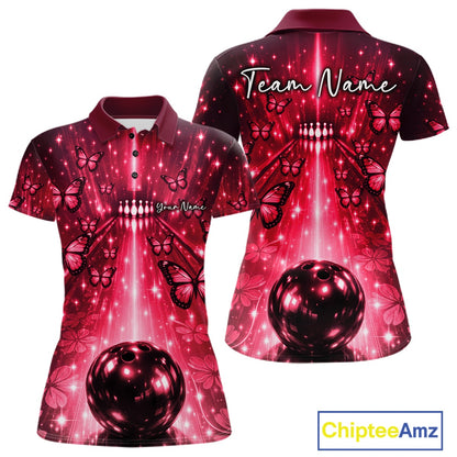 Custom Red Galaxy Bowling Lane Butterfly Bowling Team Women Polo Shirt IPHW10916