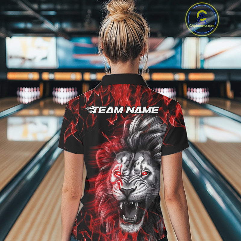 Custom Red Flame Lion Bowling Polo Team Shirts For Women, Lion Bowling League Shirt IPHW9326