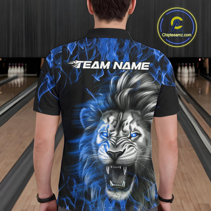 Custom Blue Flame Lion Bowling Polo Team Shirts For Men, Lion Bowling League Shirt IPHW9327