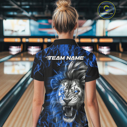 Custom Blue Flame Lion Bowling Polo Team Shirts For Women, Lion Bowling League Shirt IPHW9327