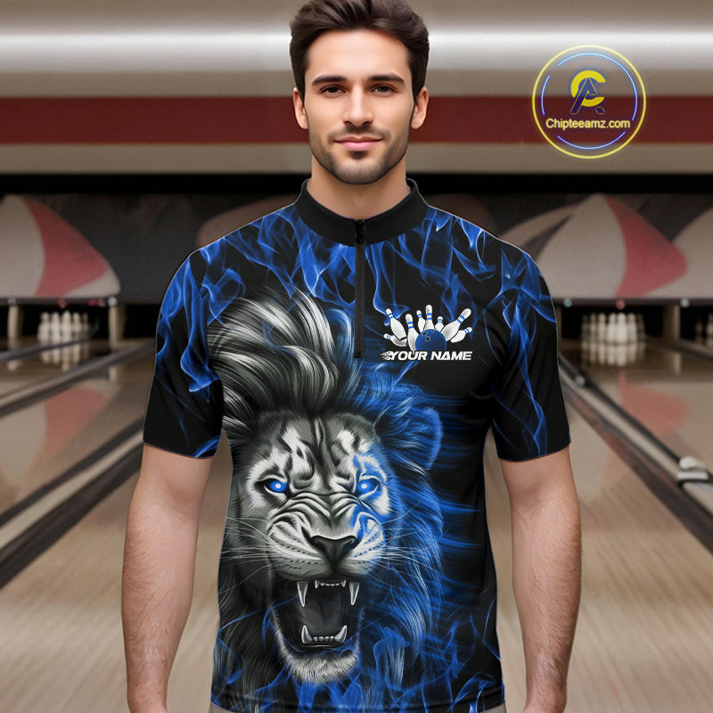 Custom Blue Flame Lion Bowling Quarter-Zip Team Shirts For Men, Lion Bowling League Shirt IPHW9327