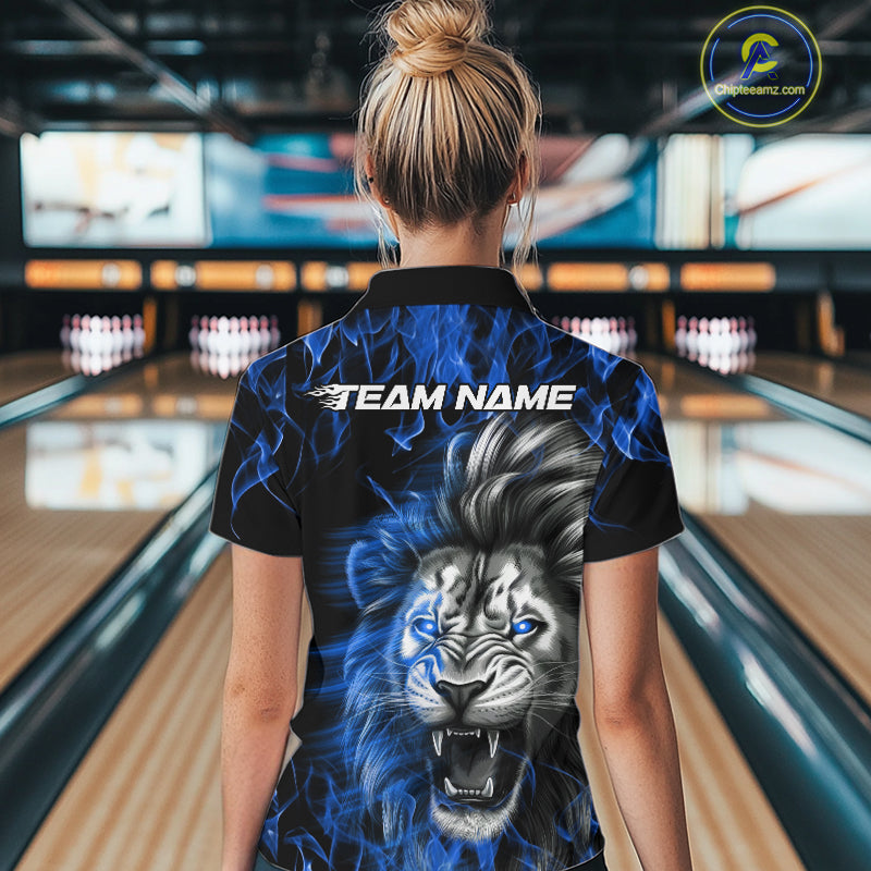 Custom Blue Flame Lion Bowling Quarter-Zip Team Shirt For Women, Bowling League Shirt IPHW9327