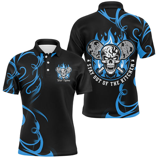 Custom Flame Skull Pickleball Polo Shirts For Men Sayings "Stay Out Of The Kitchen" | Blue IPHW6910