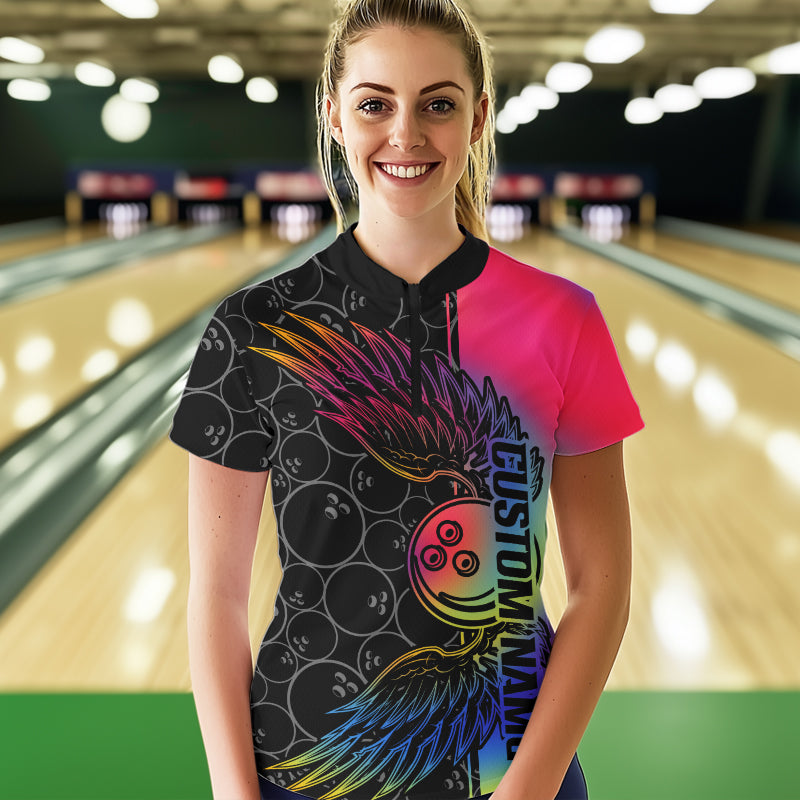 Colorful Rainbow Custom Bowling Tournament Women Quarter-Zip Shirts, Bowling Ball And Wings IPHW8846