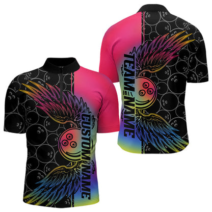 Colorful Rainbow Custom Bowling Tournament Men Quarter-Zip Shirts, Bowling Ball And Wings Jerseys IPHW8846