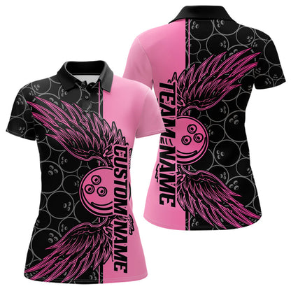 Black And Pink Custom Bowling Tournament Women Polo Shirts, Bowling Ball And Wings Jerseys IPHW8848