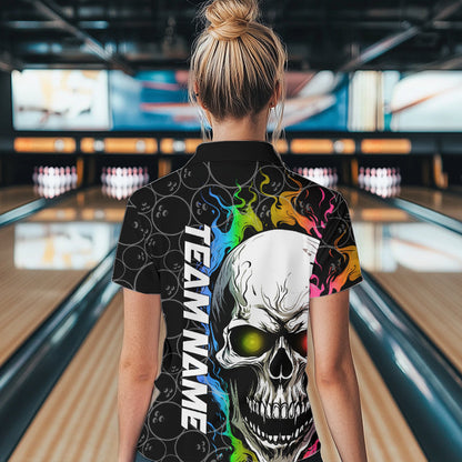 Custom Rainbow Flame Skull Bowling Women Quarter-Zip Shirts, Bowling Team League Shirt IPHW8852