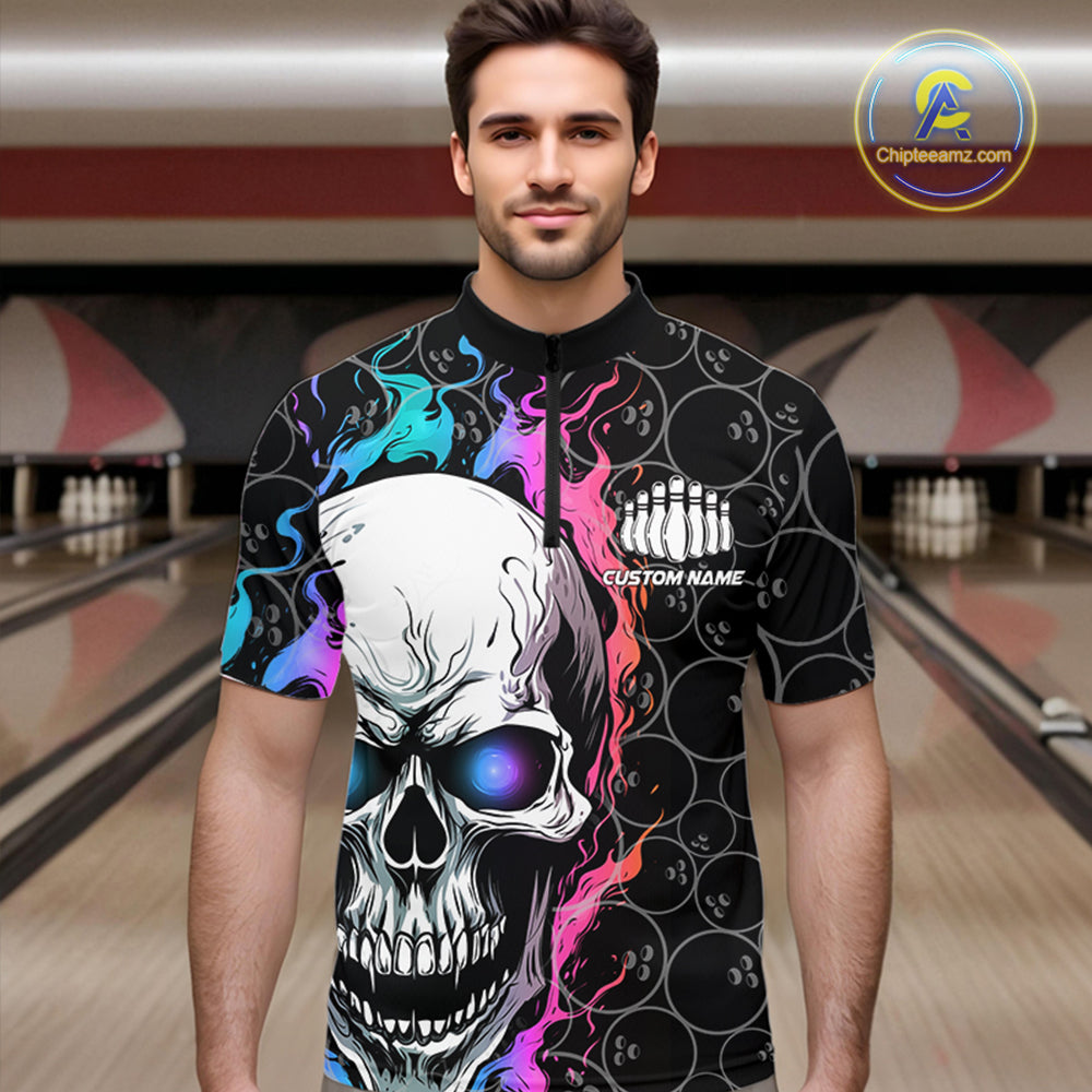 Custom Blue And Pink Flame Skull Bowling Men Quarter-Zip Shirts, Bowling Pattern Team League Shirt IPHW8853