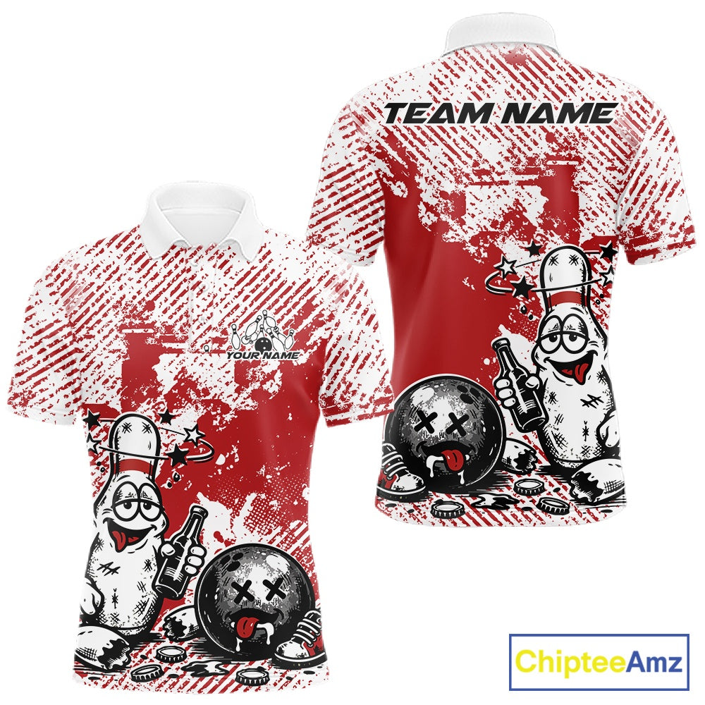 Front and back view of a men’s polo shirt mockup in red and white, featuring drunk cartoon bowling pin holding beer bottle and bowling ball with grunge texture.