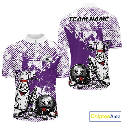 Front and back view of a men’s quarter-zip bowling shirt mockup in purple and white, featuring drunk cartoon bowling pin holding beer and bowling ball.
