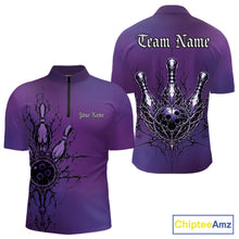Load image into Gallery viewer, Purple bowling shirt with black graphics and text space on a white background