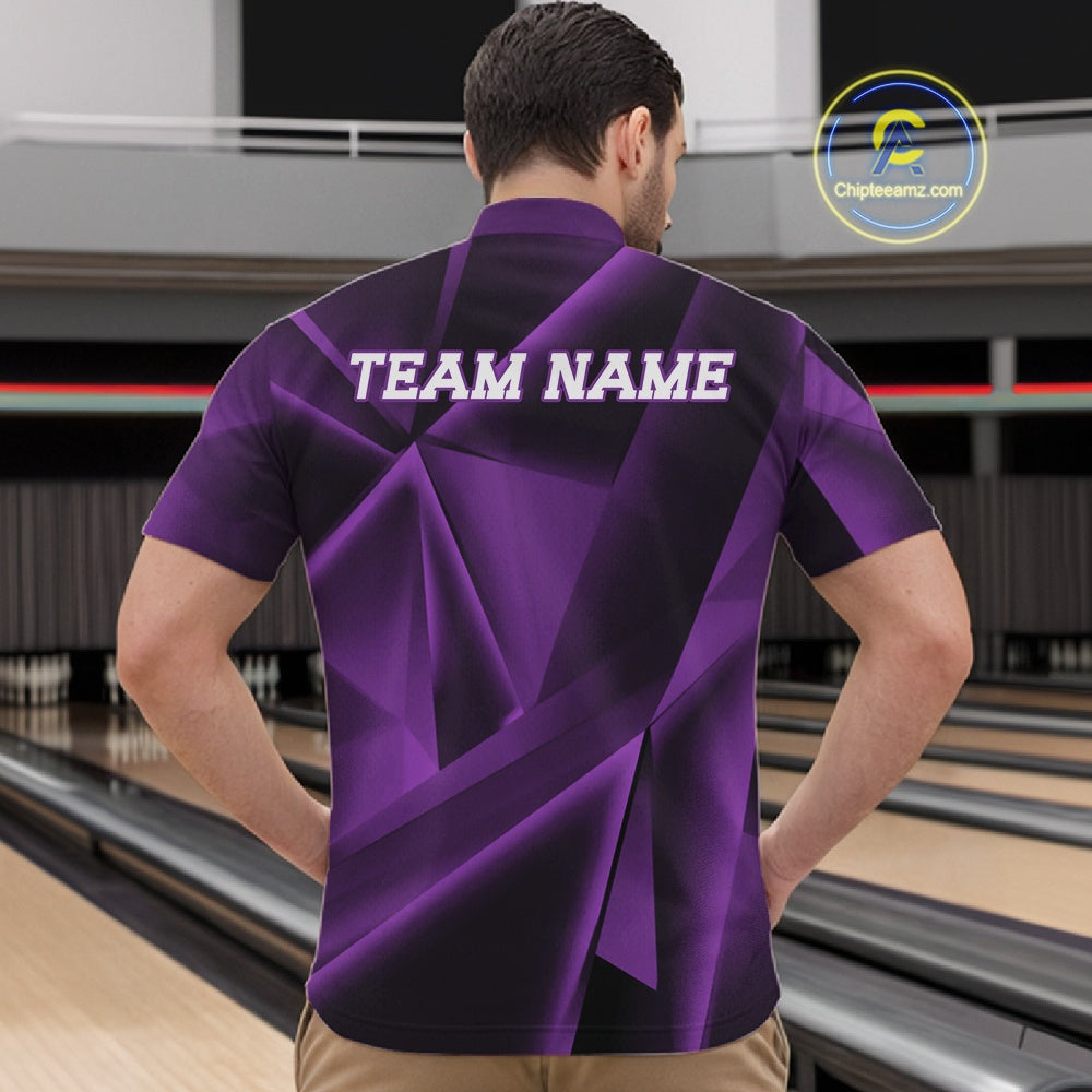 Person wearing a purple bowling shirt with 'TEAM NAME' on the back, standing in a bowling alley.