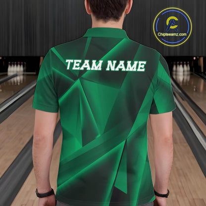 Person wearing a green bowling shirt with 'TEAM NAME' on the back, standing in a bowling alley.