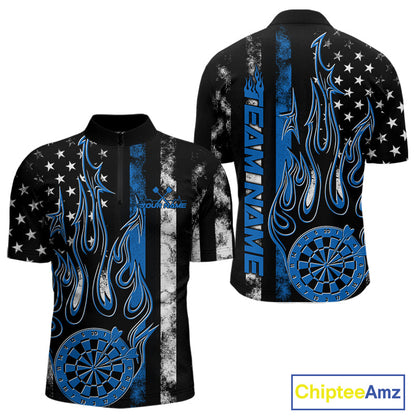 Custom Blue Thin Line US Flag Patriotic Flame Dartboard Dart Men Quarter-Zip Shirts, Dart Jerseys IPHW9640