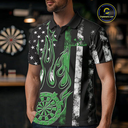 Custom Green Thin Line US Flag Patriotic Flame Dartboard Dart Men Polo Shirts, Dart Jerseys IPHW9641