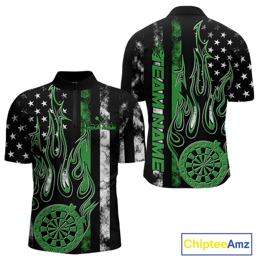 Custom Green Thin Line US Flag Patriotic Flame Dartboard Dart Men Quarter-Zip Shirts, Dart Jersey IPHW9641